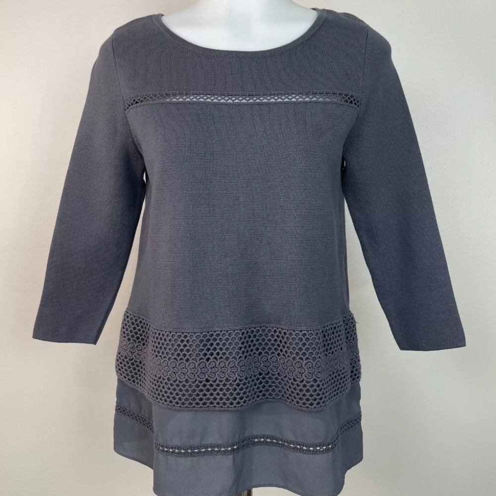 Loft Women's Sweater Small Gray 3/4 Sleeve Layered Cotton Knit Pullover
